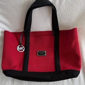 Michael Kors Red Canvas Tote Bag Est 1981 logo with MK charm